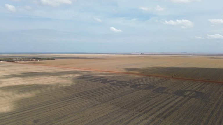 Em Santa Filomena-PI, inscrição com nome do grupo de Ricardo Faria em lavoura da fazenda Fortaleza, que até 2020 era controlada por fundo de Harvard (Foto: Mariana Greif/O Joio e O Trigo)